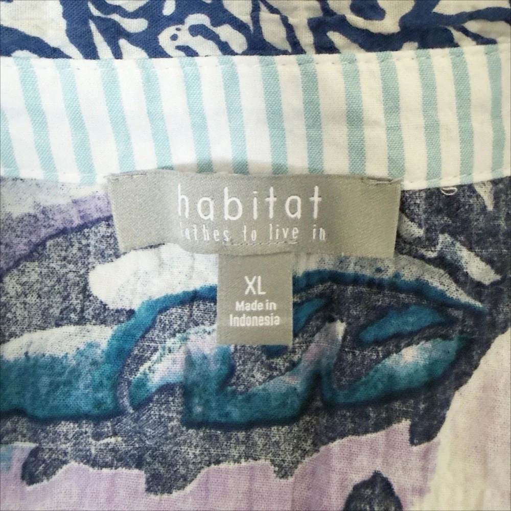 Habitat Top Womens XL Blue Floral Button Up Gauzy Crinkle Cotton Boho Coastal
